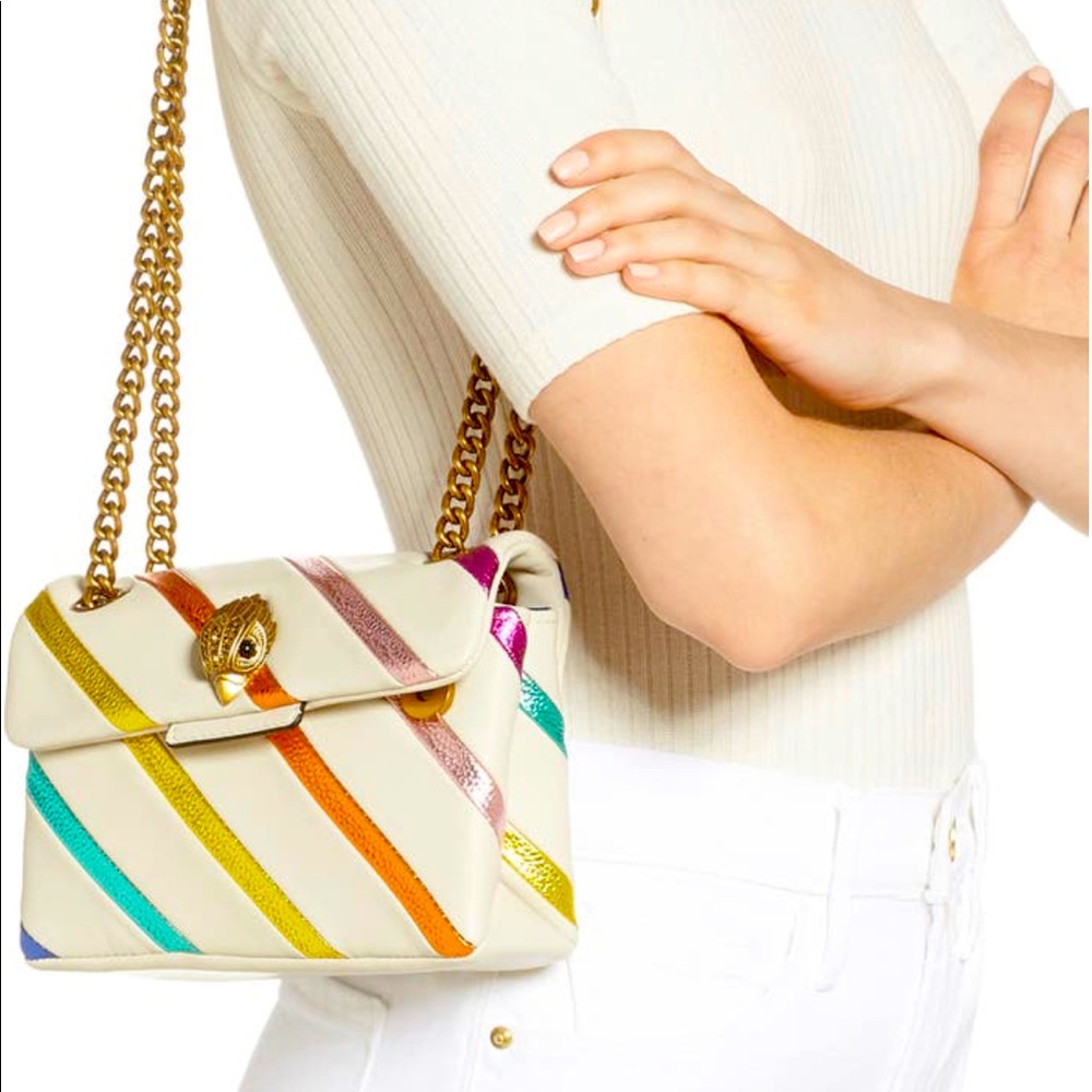 NWT 💋 KURT GIEGER London LARGE Crossbody in Metallic Rainbow Stripe, Beige
